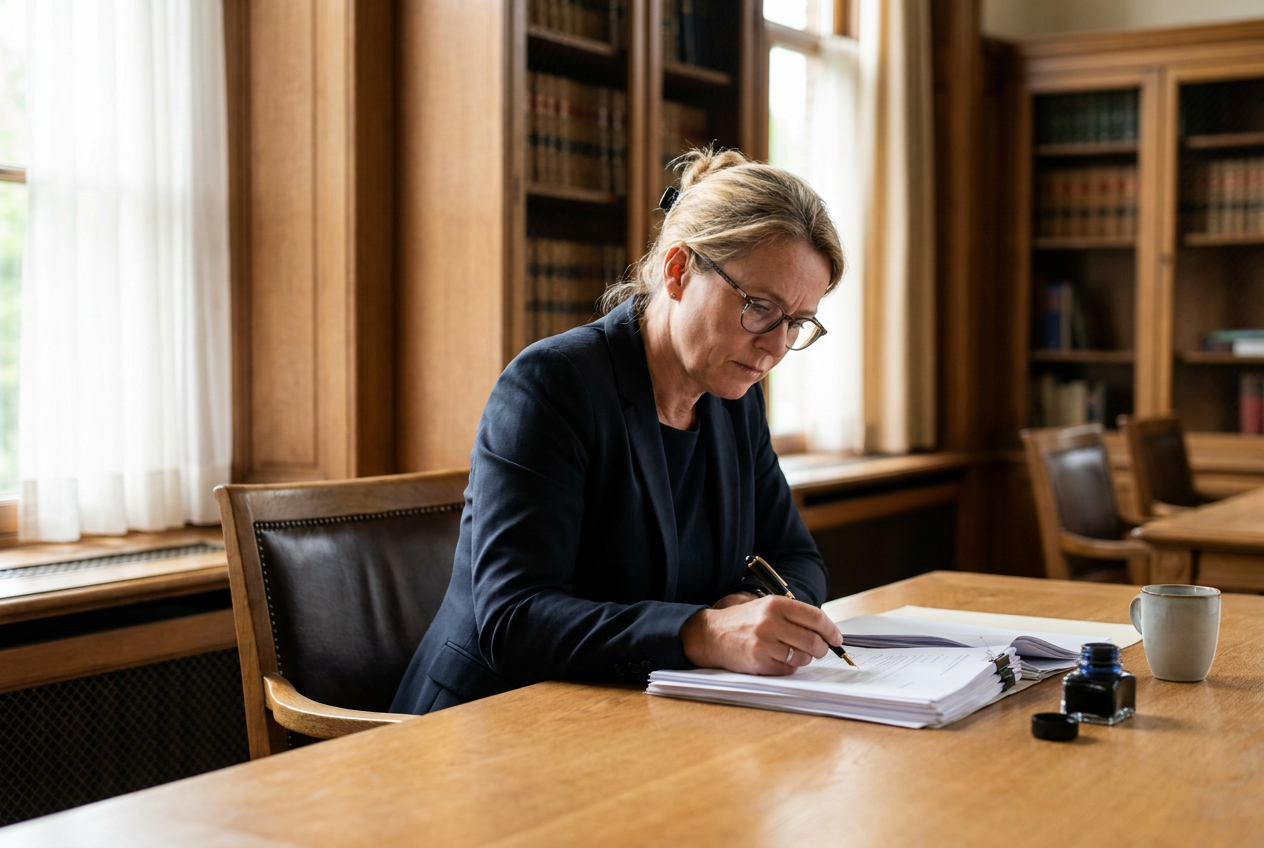 Geconcentreerde notaris werkt ongestoord aan juridische documenten aan een opgeruimd bureau