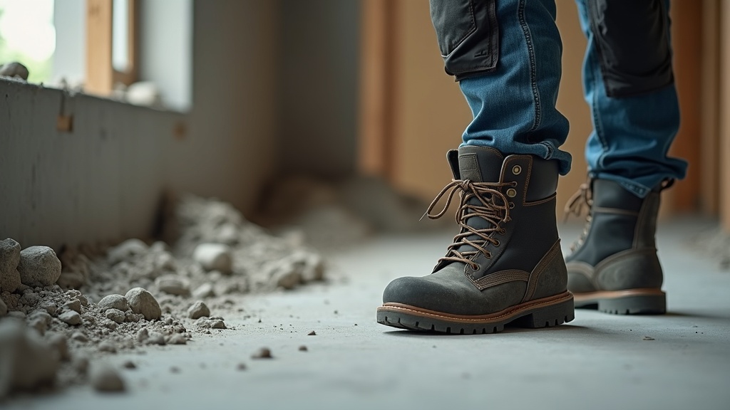 Trabajador de construcción con botas de trabajo y dolor de rodilla