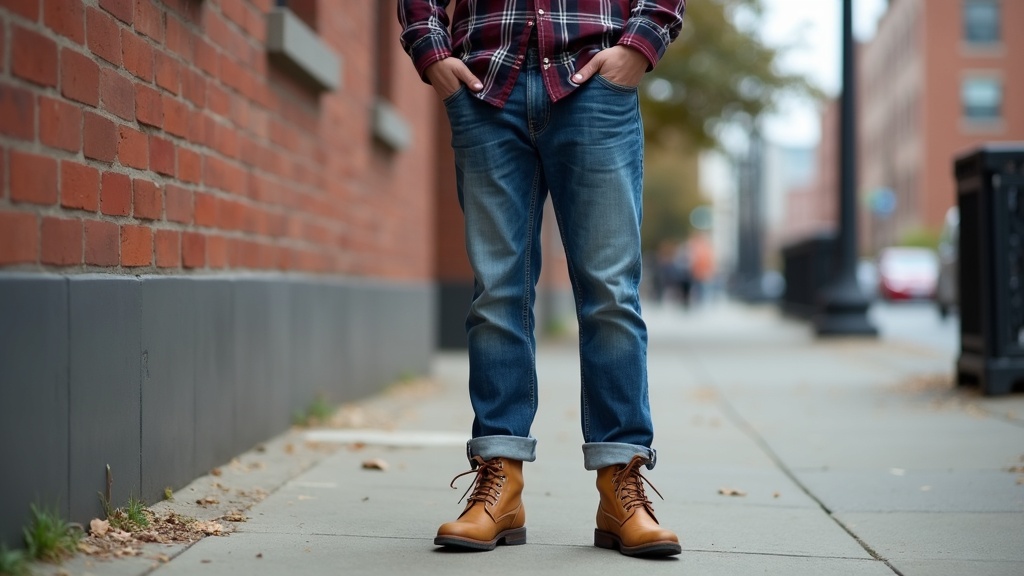 Work boots worn casually with jeans and a flannel shirt
