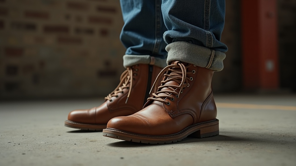 Trying on work boots with the right socks for a proper fit