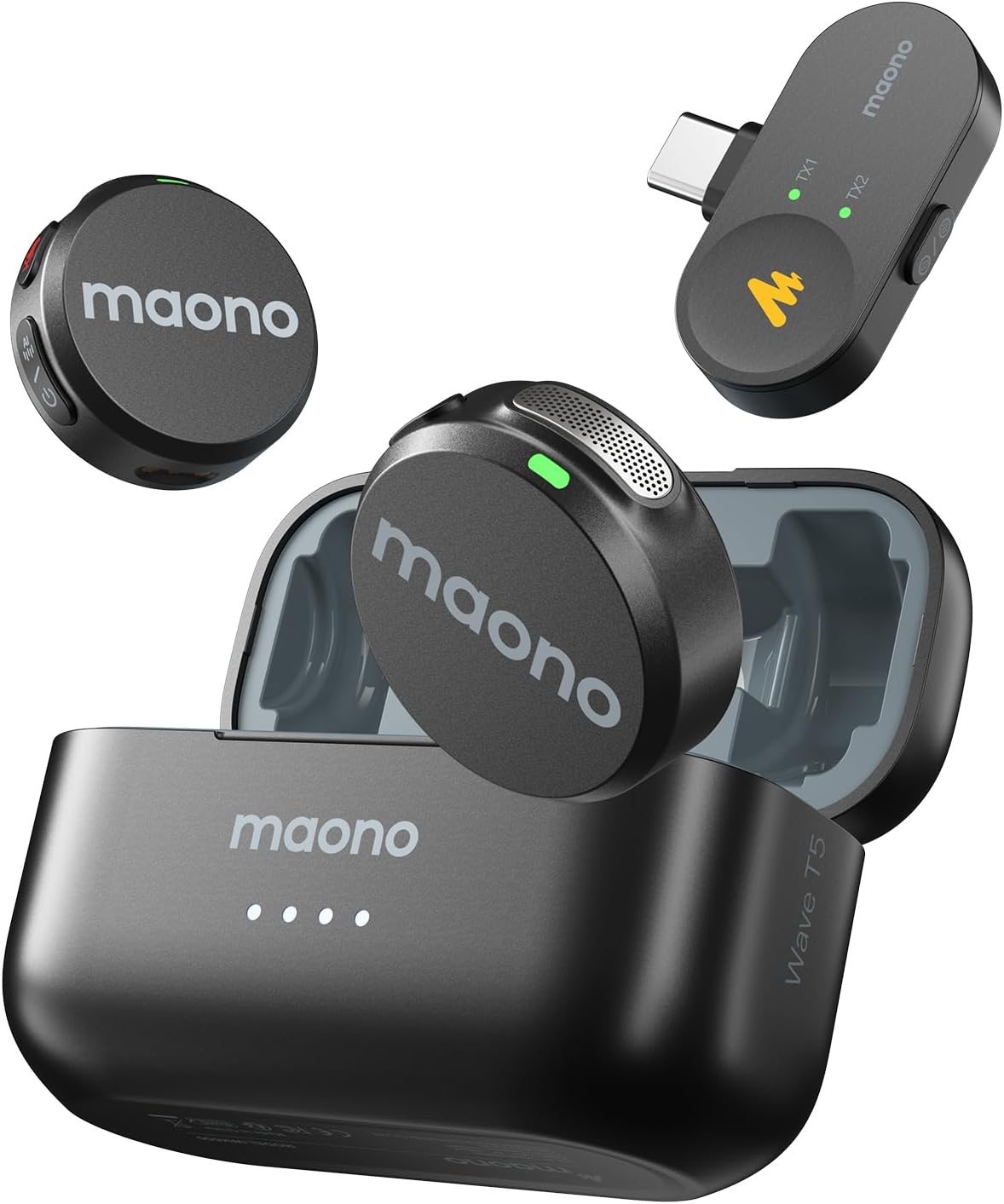 MAONO Wave T5 clipped to shirt collar in home podcast studio with phone and lighting equipment visible