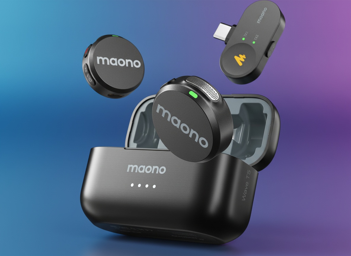Close-up of MAONO Wave T5 lavalier mic showing magnetic clip and capsule against soft gray background