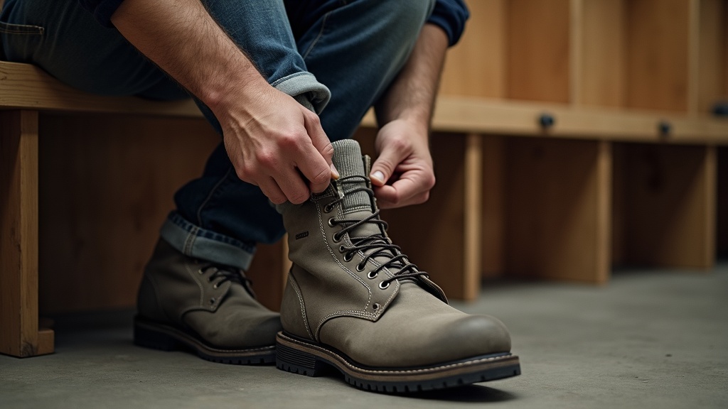Trabajador calzándose calcetines acolchados antes de ponerse botas de seguridad