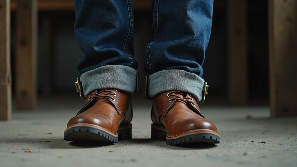 Jeans resting cleanly over work boots