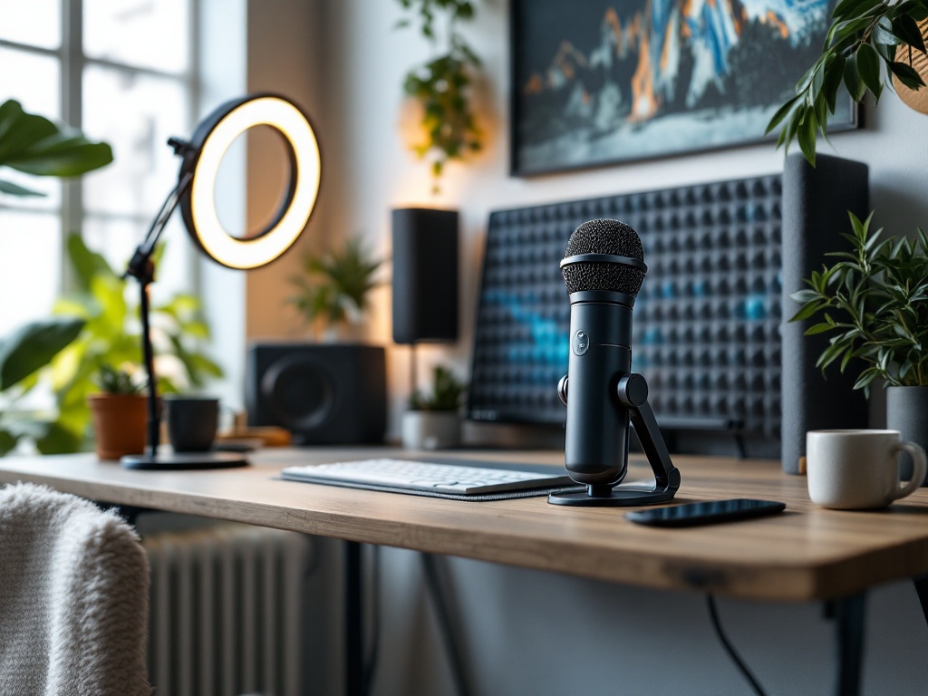 MAONO Wave T5 on a home podcast desk with ring light, laptop, and acoustic treatment visible