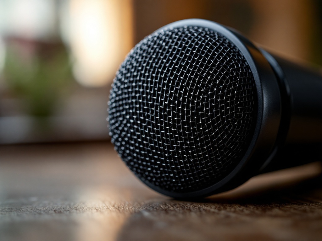 Macro detail of MAONO Wave T5 microphone capsule and mesh grille with warm studio lighting