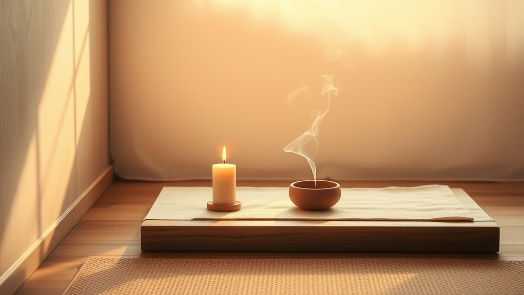 Minimal home meditation corner with candle and incense for morning practice
