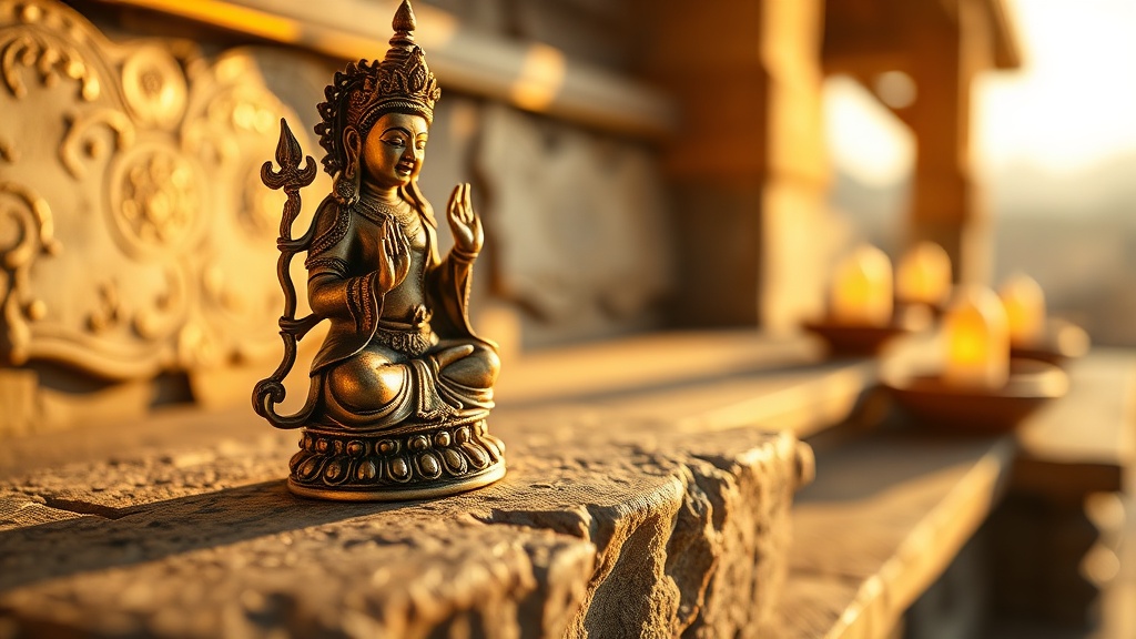 Tibetan brass Vajrasattva deity figurine on a meditation altar showing vajra at heart and bell at hip