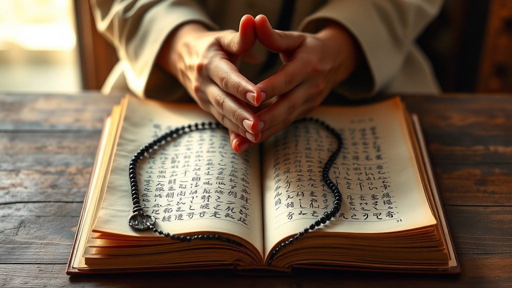 Hands holding mala beads over Tibetan script during mantra recitation practice