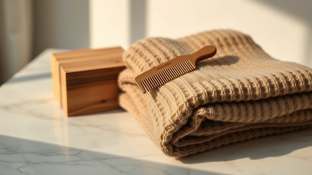 Cashmere comb and folded camel knit sweater with cedar block on marble surface for care routine