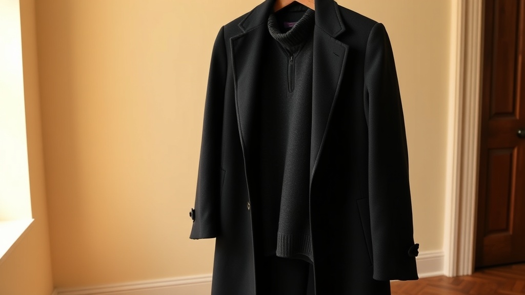 Tailored long overcoat open over a charcoal half-zip sweater on a wooden valet stand