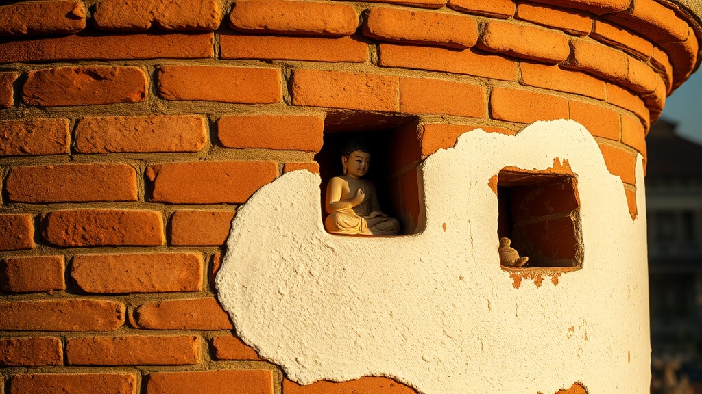 Détail de la surface en briques de la pagode Qianxun Ta avec une niche à figure de Bouddha en terre cuite, temple Chongsheng