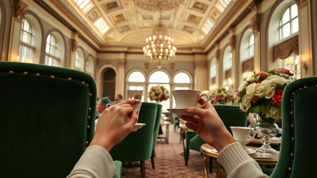 Intérieur d'un grand salon de thé londonien avec fauteuils en velours et porcelaine fine