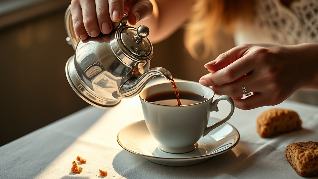 Mains versant le thé noir anglais d'une théière en argent dans une tasse en porcelaine