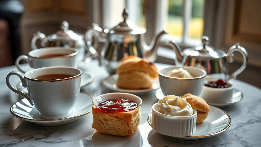 Plateau d'afternoon tea londonien avec scones, crème clotted et théière en argent