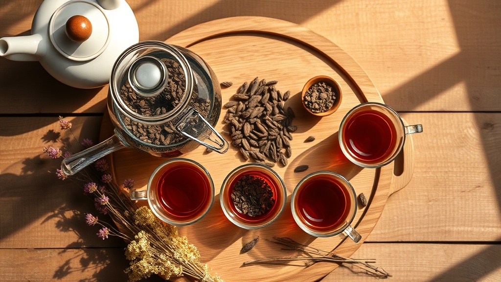 Service à thé avec théière en verre et feuilles de thé vrac posé sur une table en bois