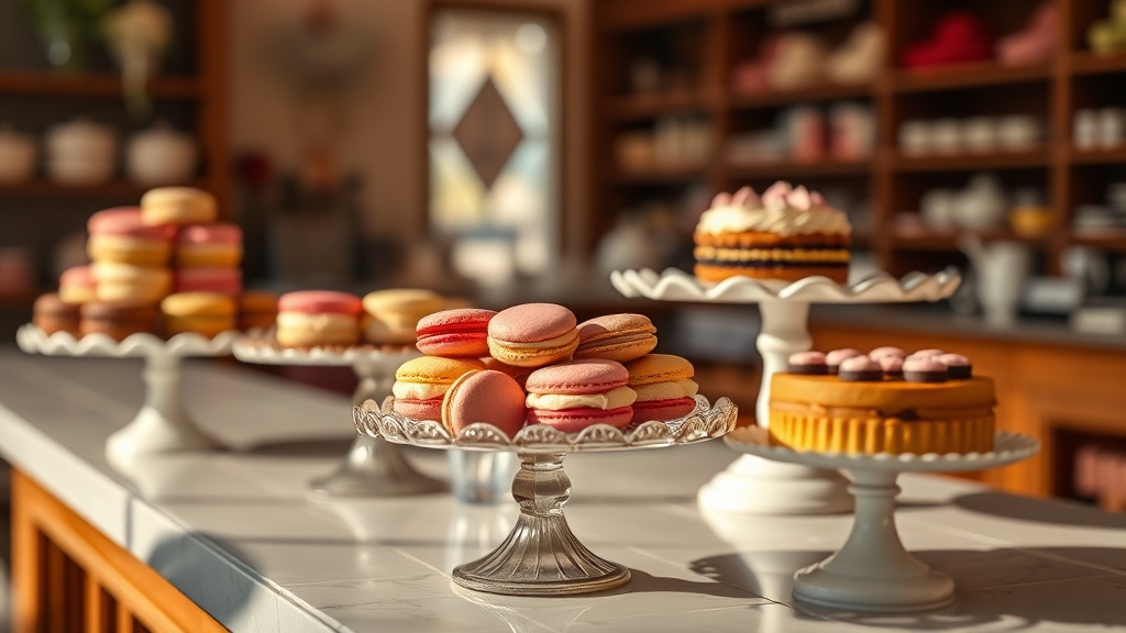 Vitrine de pâtisseries françaises dans un salon de thé avec macarons et tartes