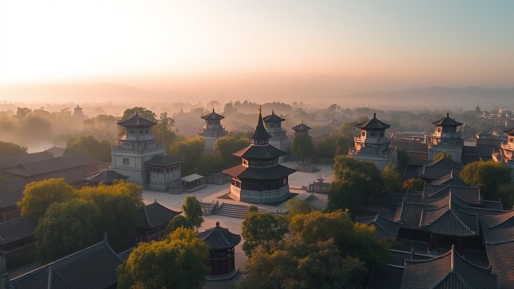 Vue d'ensemble du complexe du temple Chongsheng et ses trois pagodes depuis les hauteurs, Dali, Yunnan