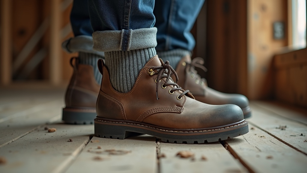 Foot sliding into steel-toe work boot with cushioned crew sock