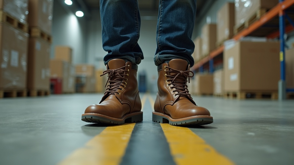 Warehouse worker in steel-toe boots on concrete floor