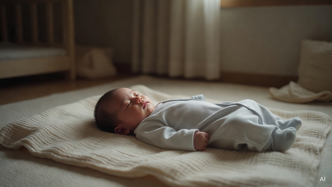 newborn baby lying on a soft blanket in a dim nursery room