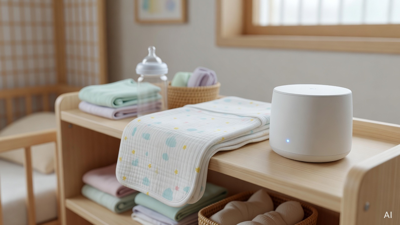 baby care items including swaddle blanket and white noise machine on a nursery shelf