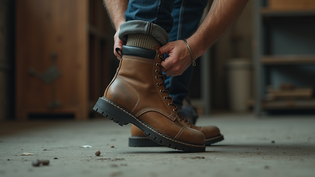 Tradesman removing steel-toe work boot after long shift