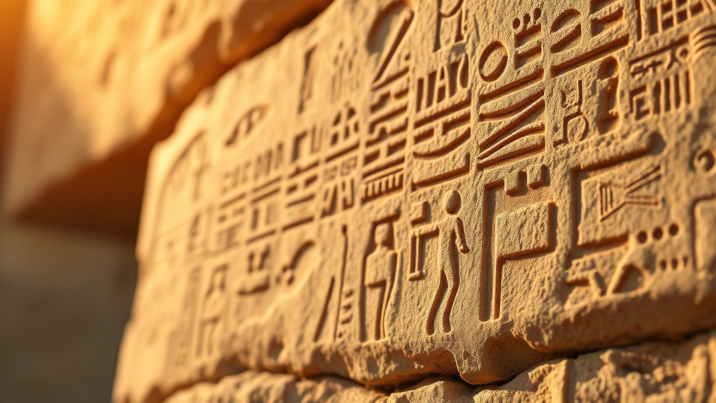 Hiéroglyphes égyptiens anciens sculptés dans la pierre, liés à l'histoire des ondes de formes