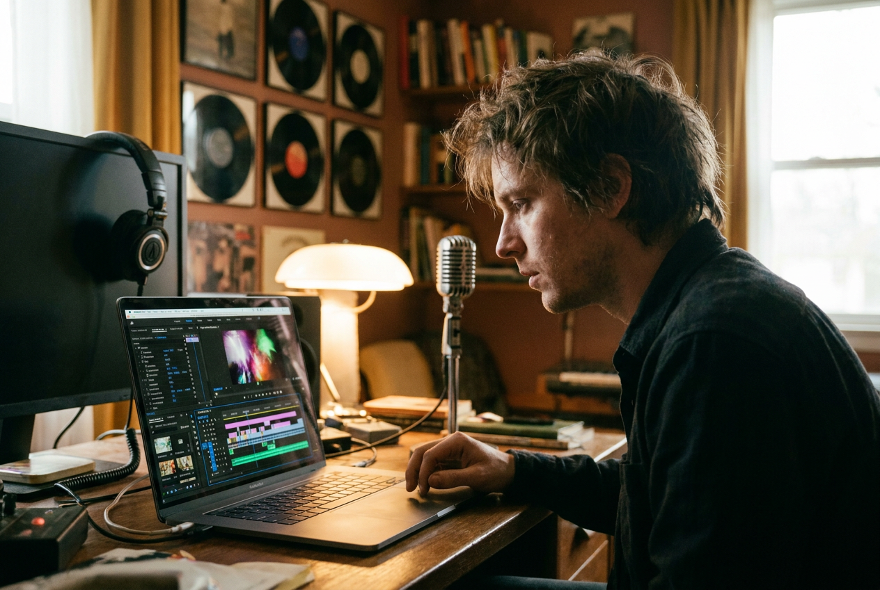 alt text for accessibility: A musician creating a music video on a laptop with AI tools visible on screen