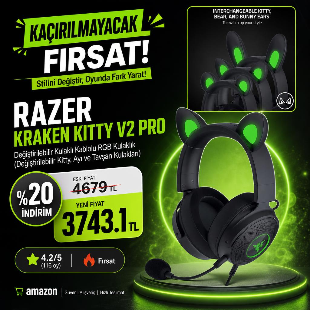 Razer Kraken Kitty V2 Pro - Değiştirilebilir Kulaklı Kablolu RGB Kulaklık (Değiştirilebilir Kitty, Ayı ve Tavşan Kulakları)