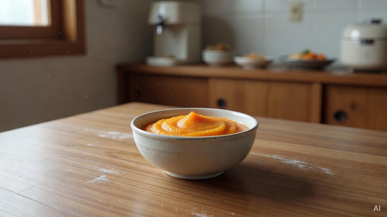 small ceramic bowl with pureed vegetable baby food on a wooden kitchen table