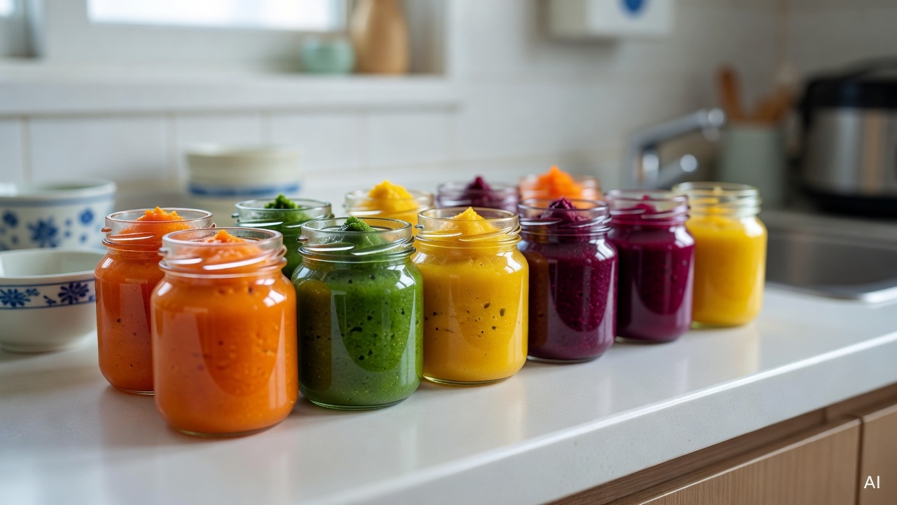 variety of colorful pureed vegetables in small glass jars arranged on a white kitchen counter