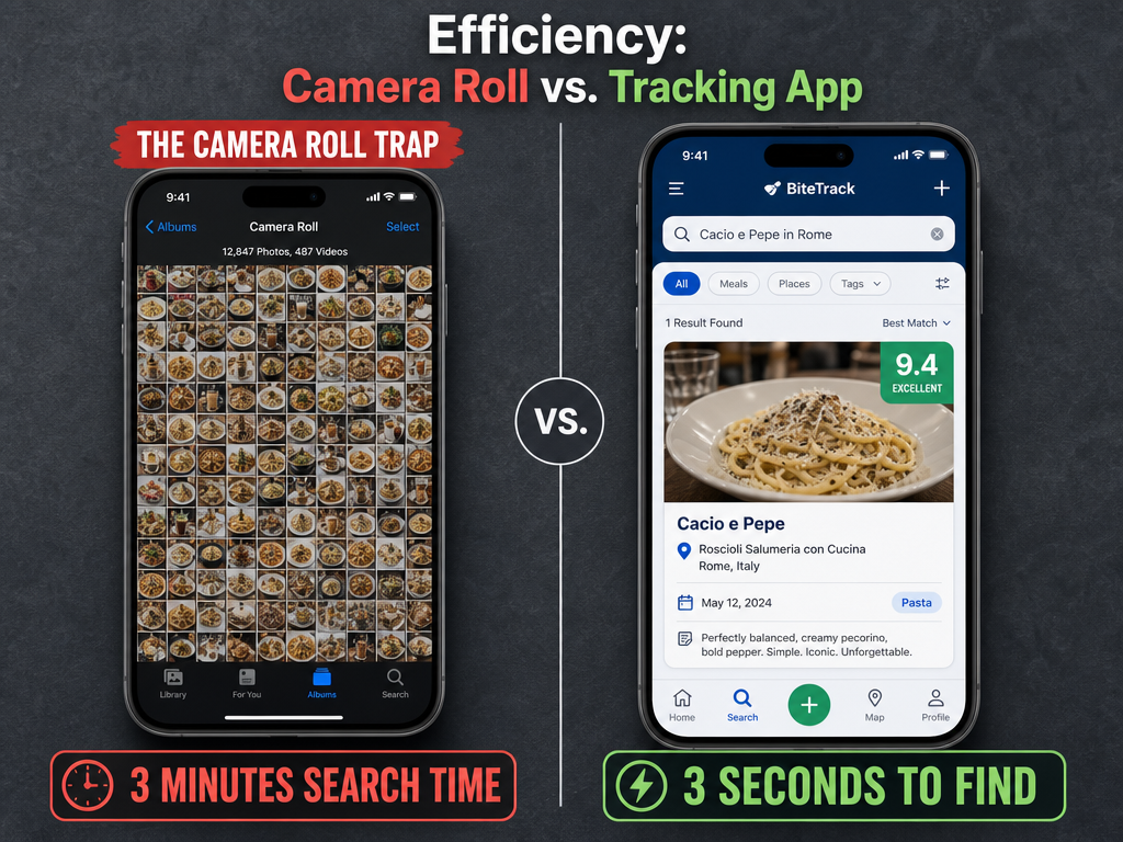 Comparison showing a cluttered smartphone camera roll versus a searchable food tracking app with a 3-minute search versus 3-second result.