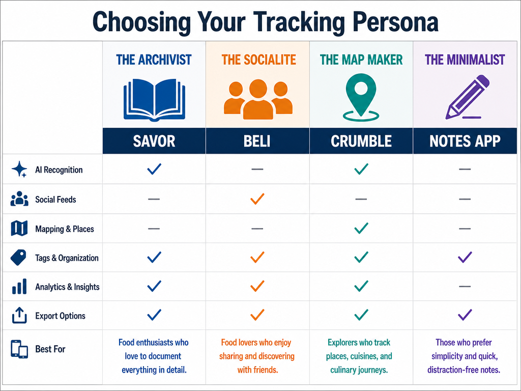 A decision matrix comparing four foodie archetypes: Archivist, Socialite, Map Maker, and Minimalist with their recommended tracking tools.