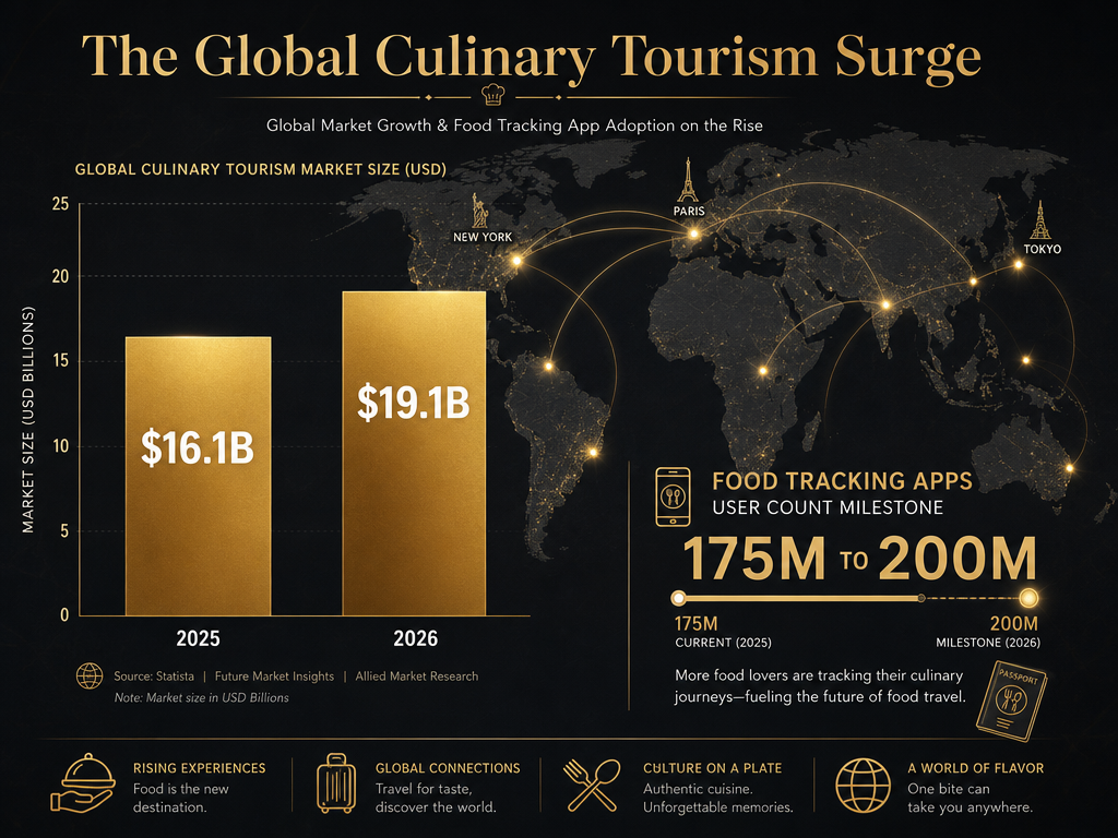 Bar chart showing culinary tourism market growth from $16.1 billion in 2025 to $19.1 billion in 2026, alongside user growth statistics.