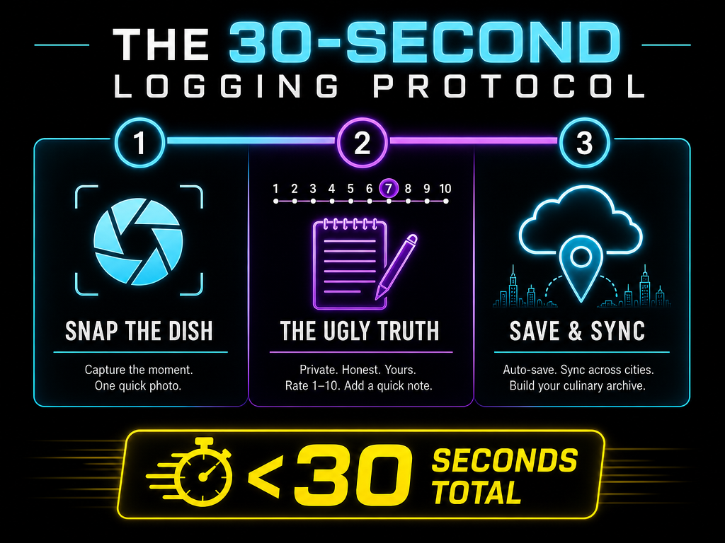 A three-step visual guide for logging meals in under 30 seconds including snapping a photo, adding a rating, and syncing to a map.