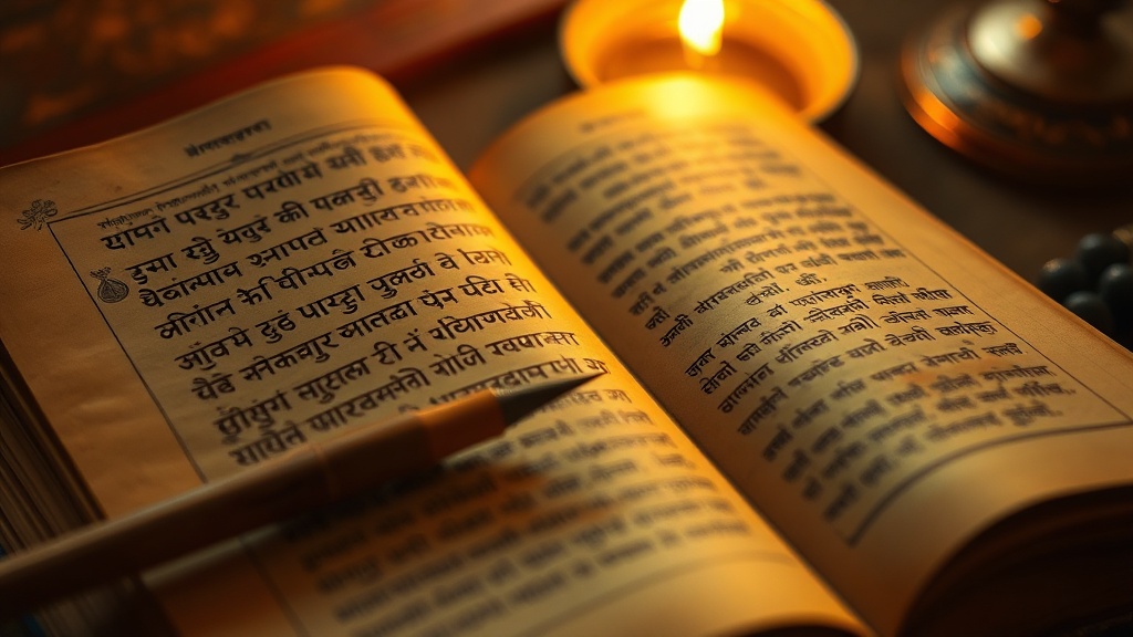 Manuscrit ancien en écriture dévanagari, l'alphabet de l'hindi et du sanskrit, éclairé à la lumière chaude