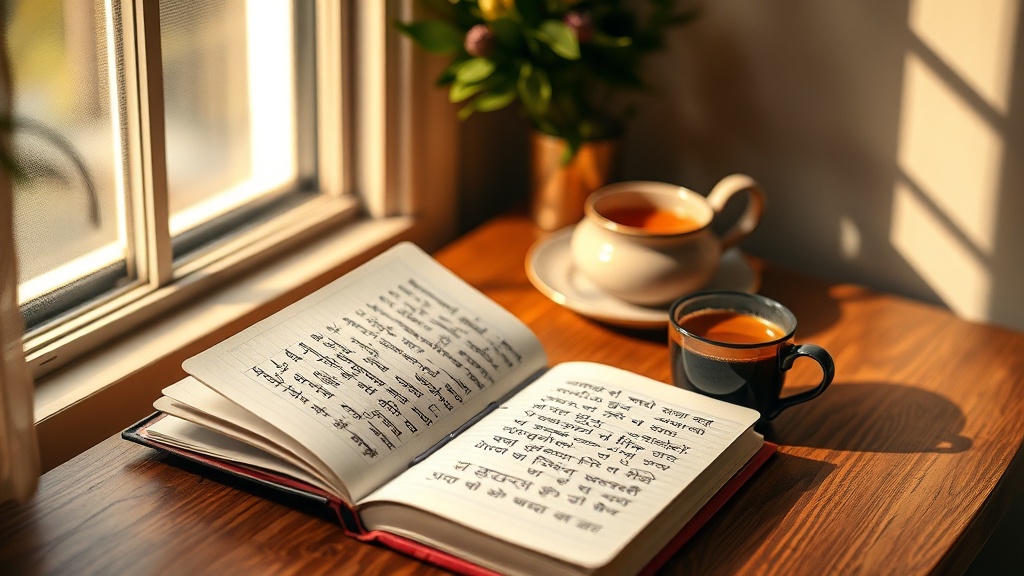 Cahier d'apprentissage de l'écriture dévanagari avec une tasse de chai, ambiance studieuse et chaleureuse