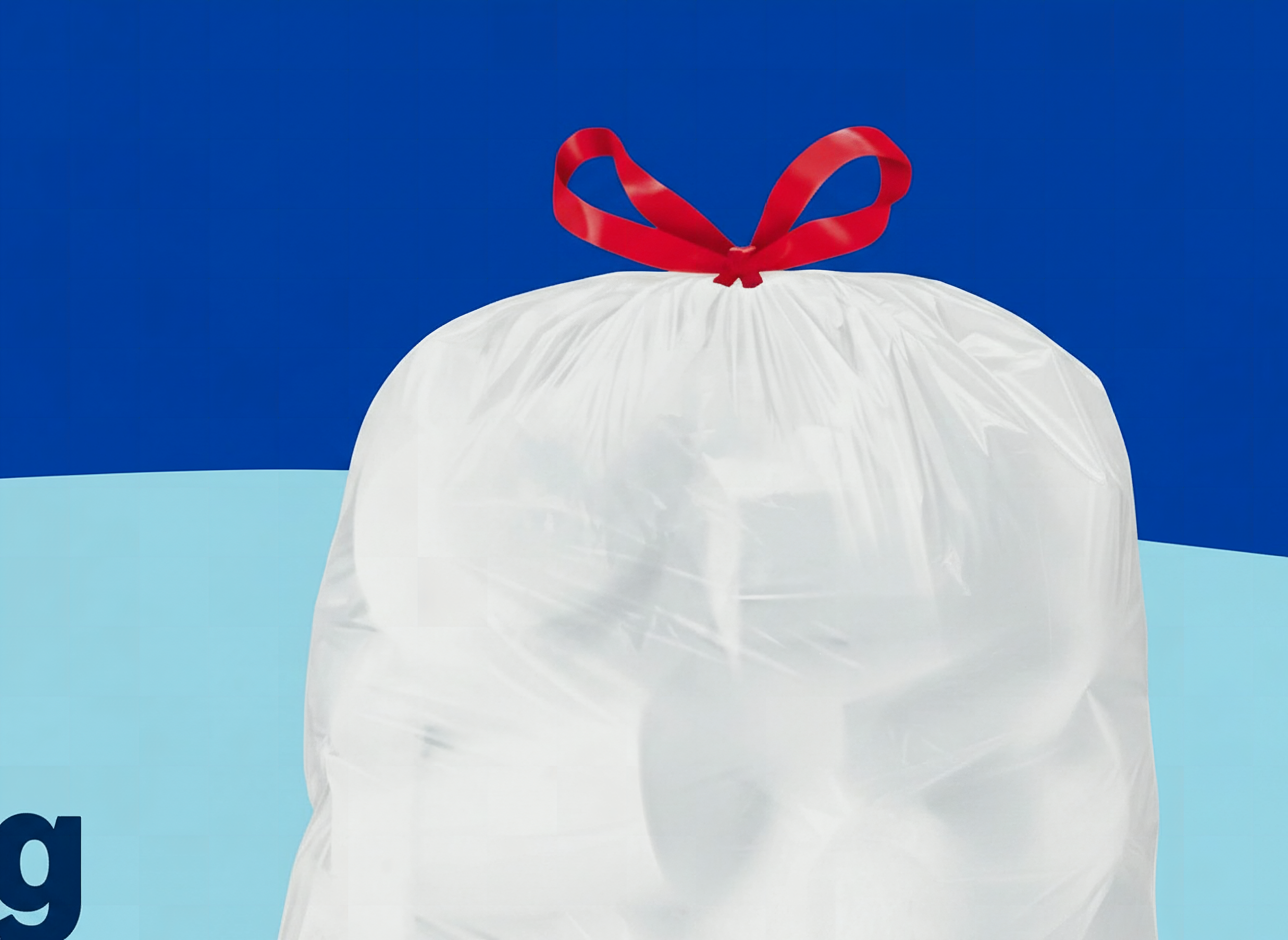 Close-up of a translucent tall kitchen drawstring trash bag with gathered drawstring top