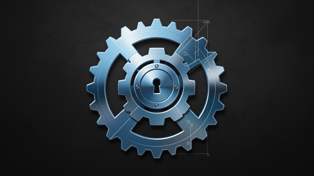 Abstract mechanical interlocking shapes in steel-blue tones
