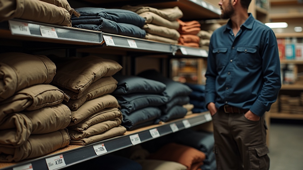 Opciones de ropa de trabajo en tienda de construcción en EE.UU.