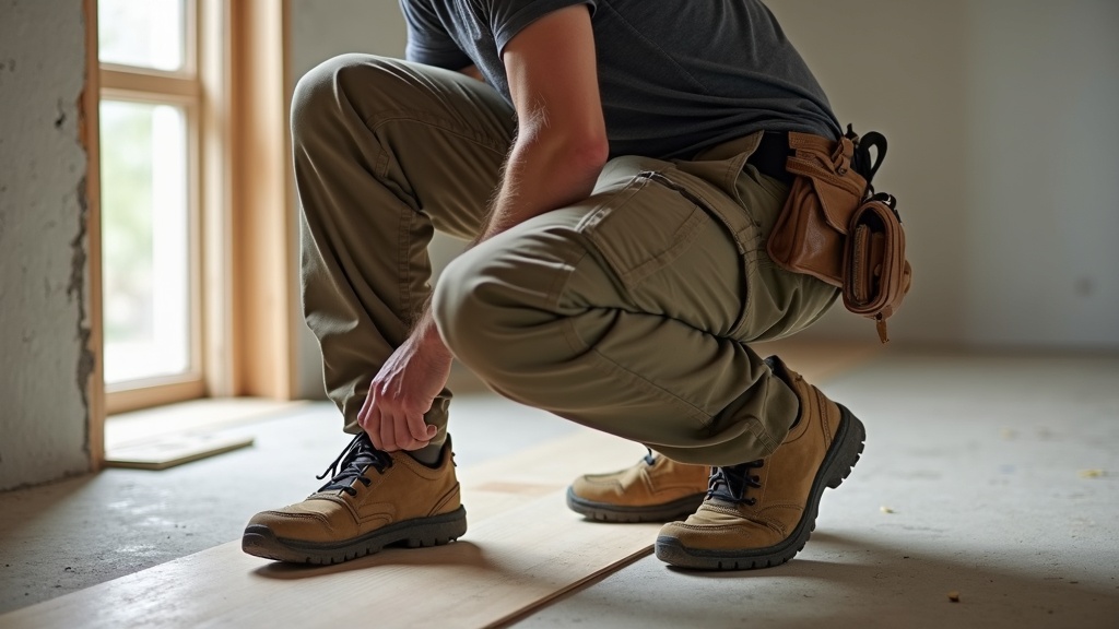 Worker squatting in cargo pants showing full range of motion