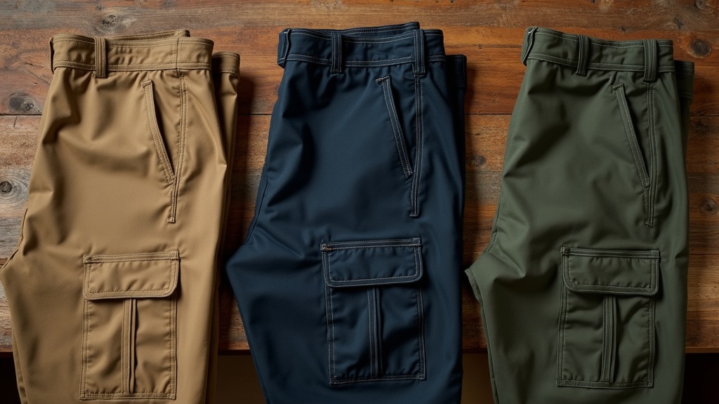 Three pairs of rugged cargo work pants compared side by side