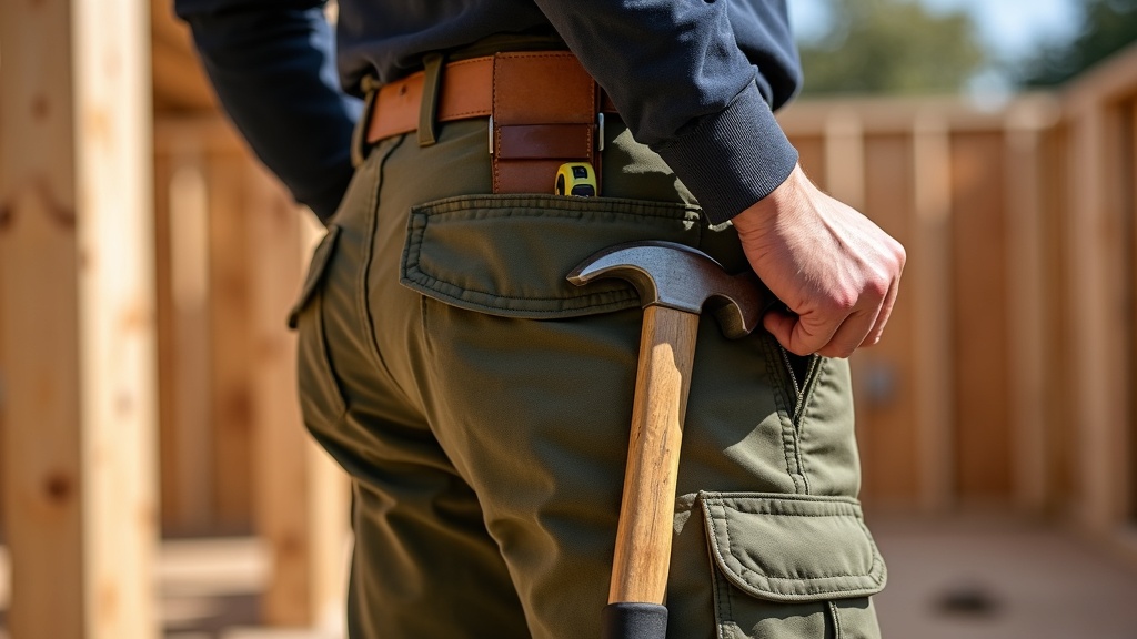 Hammer loop and cargo pocket detail on construction work pants