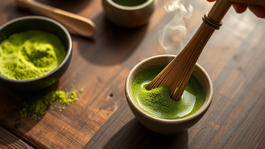 Bol de matcha en poudre fouetté avec un chasen en bambou, mousse verte se formant en surface