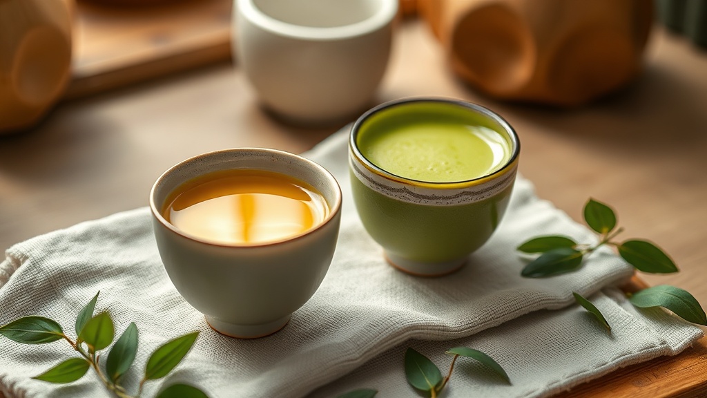 Deux tasses de thé japonais côte à côte, l'une de sencha doré, l'autre de matcha vert vif