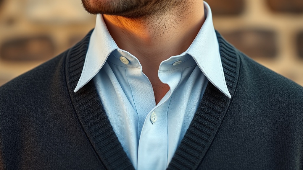 Pale blue spread collar shirt showing above a charcoal fine-gauge cardigan, close-up editorial detail shot