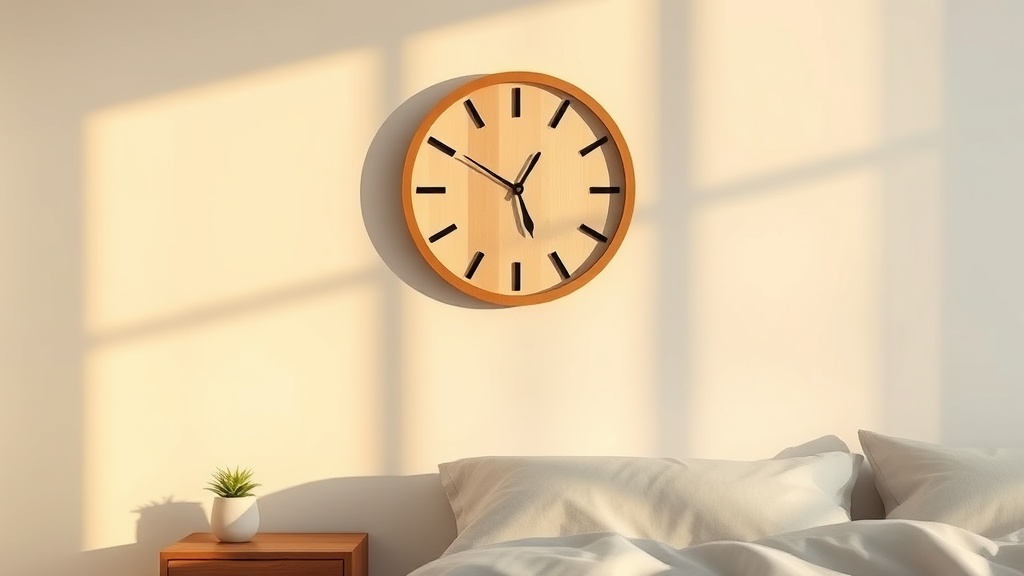 Minimalist round wooden wall clock on a white bedroom wall above a linen-dressed nightstand
