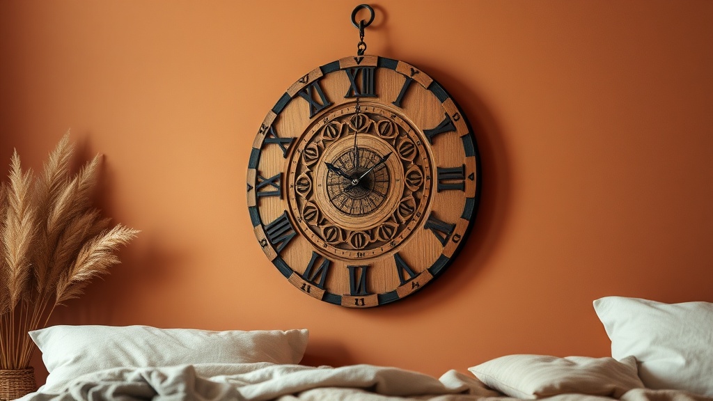 Carved wood wall clock with sun and moon design on a warm terracotta bedroom wall with boho decor