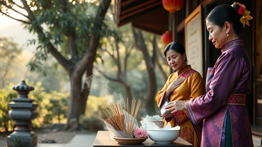 Fidèles Dai en tenue traditionnelle déposant des offrandes florales lors d'un rituel bouddhiste à Jinghong